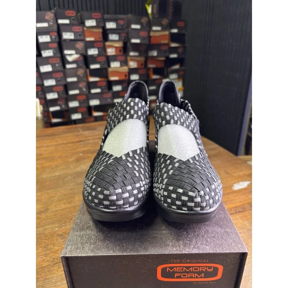 Bernie Mev Lulia Black Reflective Woven Wedge Shoes Size 37 US 6.5-7